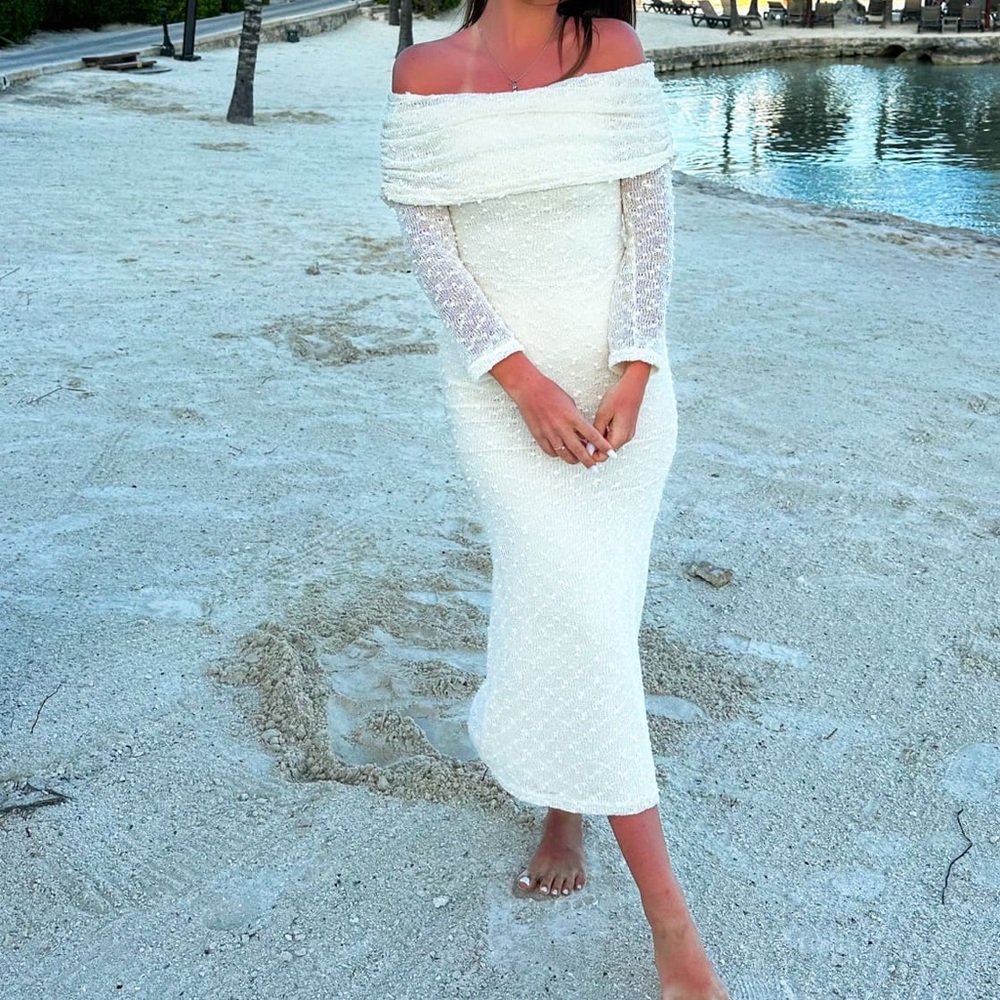 Off-Shoulder White Sequin Evening Dress